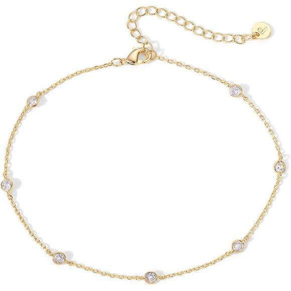 14K Gold Plated Charm Link Chain Anklets for Women | Dainty Cubic Zirconia Boho - Picture 1 of 6